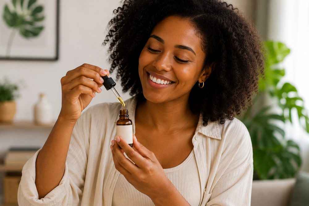Paciente sorrindo enquanto usa gotas de óleo de CBD, transmitindo cuidado e bem-estar