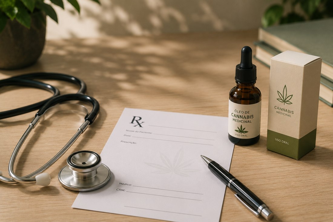 Receita médica, óleo de cannabis medicinal e estetoscópio sobre a mesa