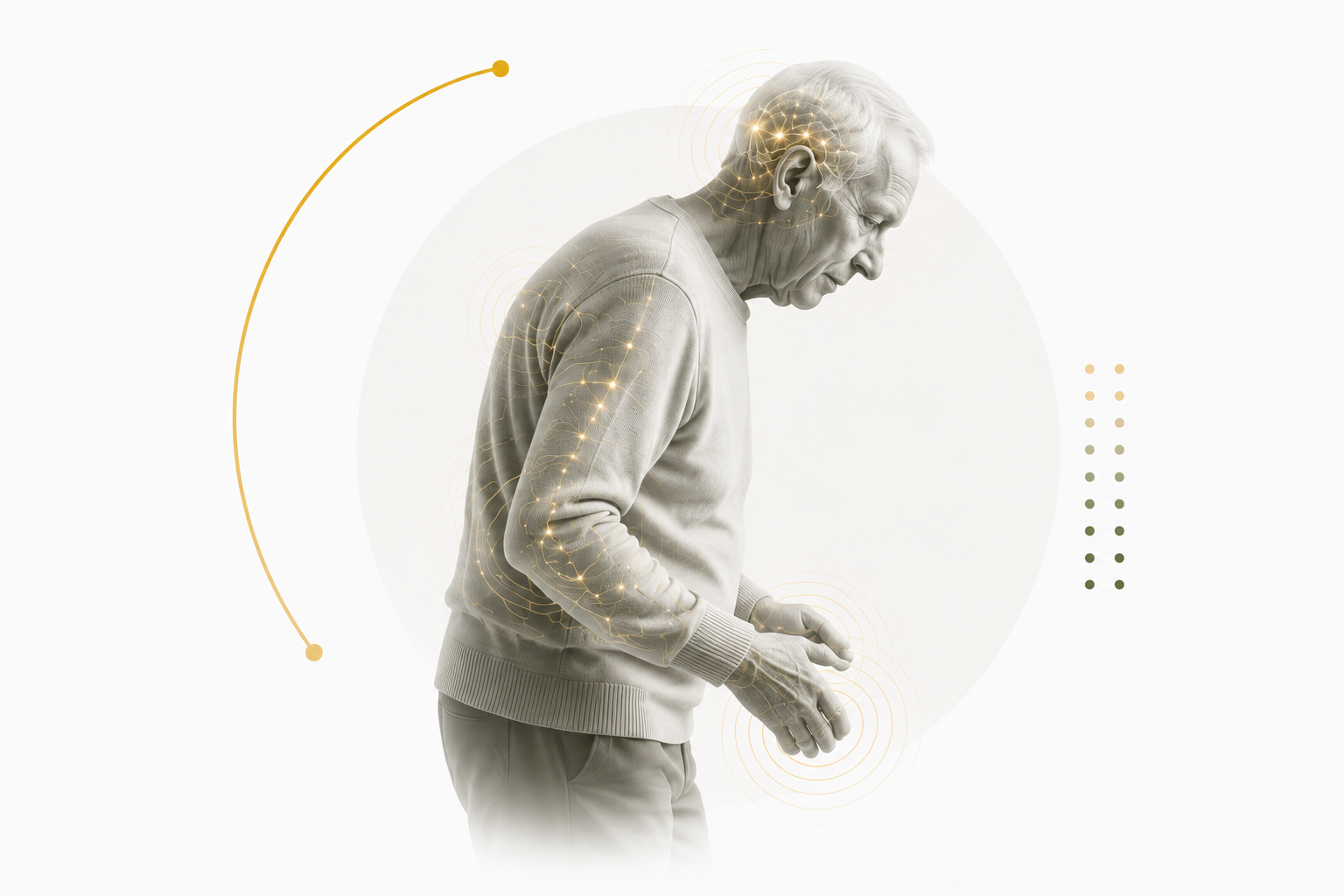 Idoso com tremor, ilustração de Parkinson e sistema nervoso